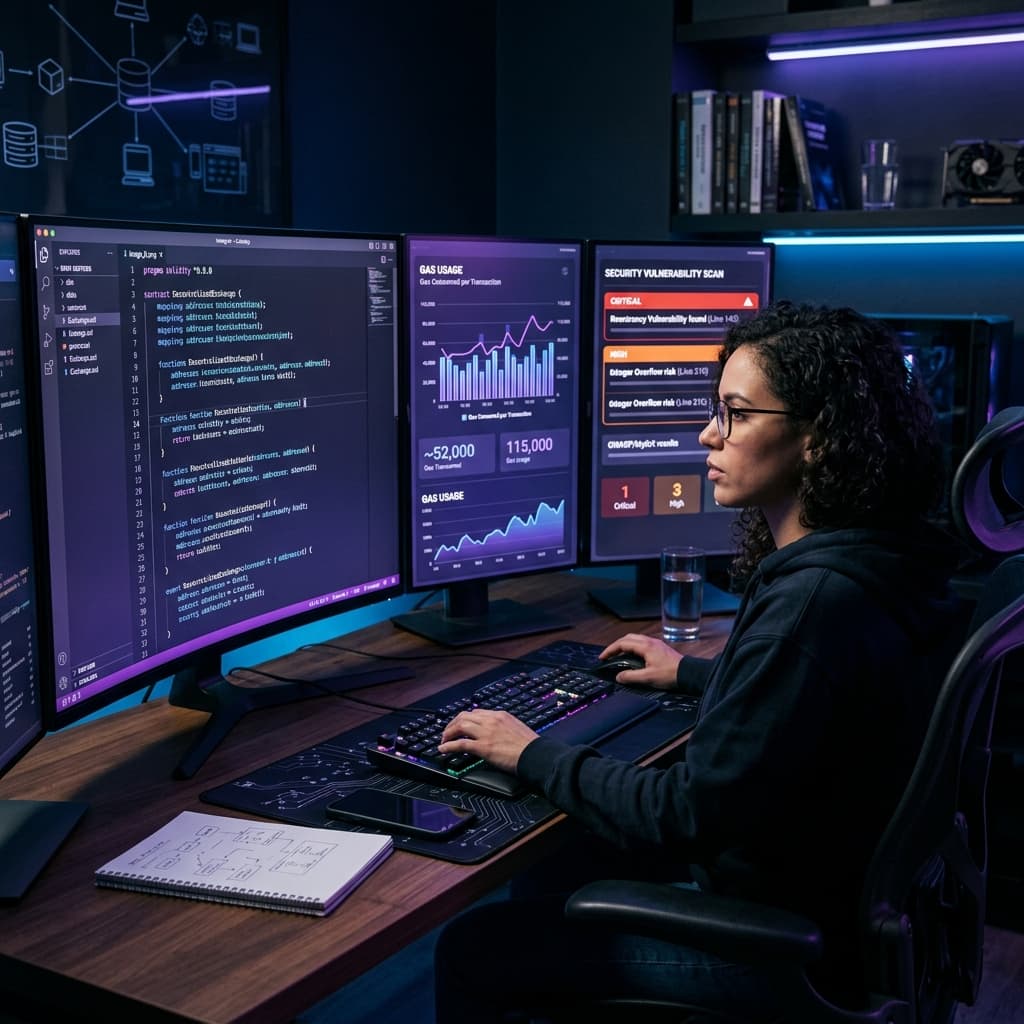 Engineer reviewing smart contract security audit on multiple monitors