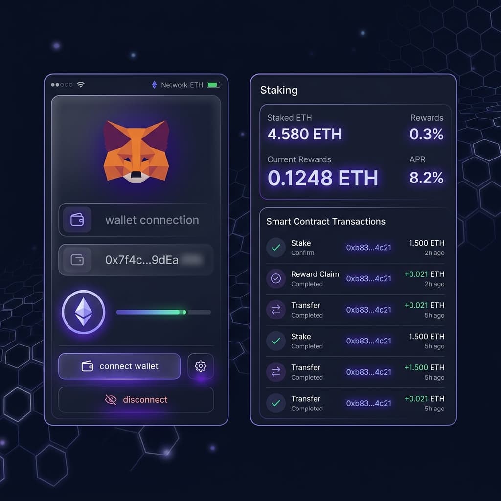 Web3 wallet connection and staking dashboard interface